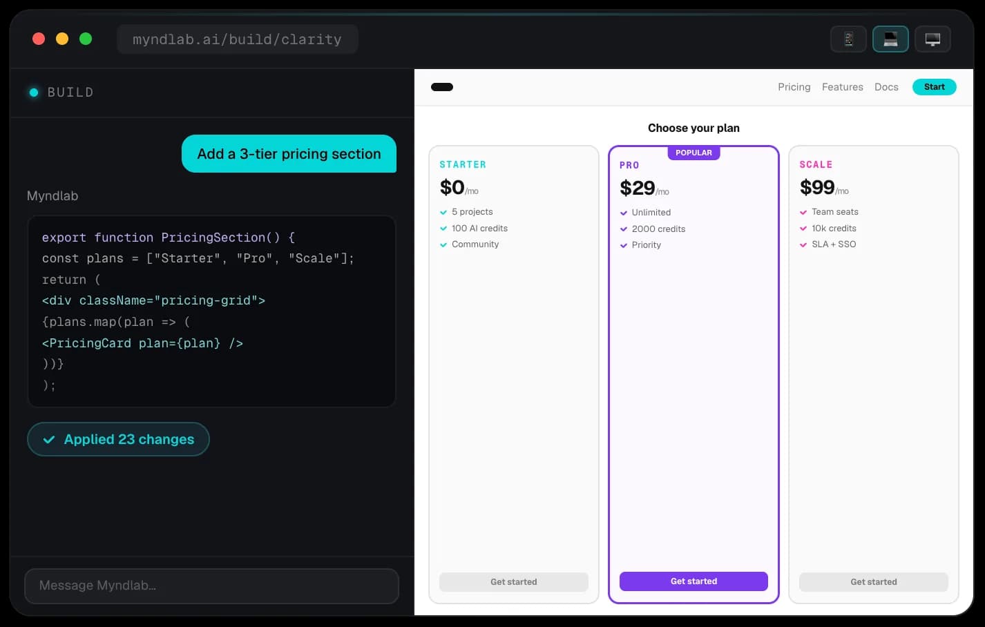 The Myndlab builder: the build chat and generated code on the left, a live preview of a three-tier pricing page on the right.