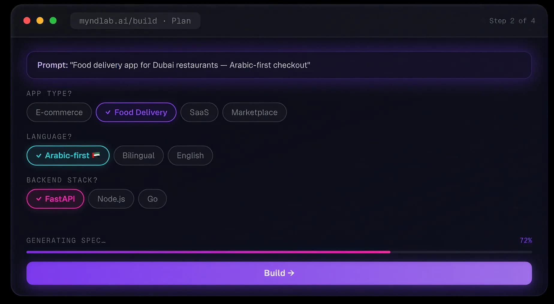Myndlab plan mode: app type, language and backend stack answered with tappable chips, a spec progress bar and a Build button.