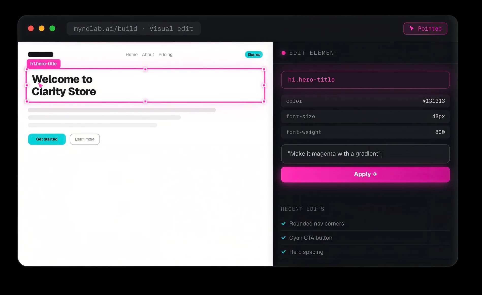 Myndlab visual editing: a selected heading in the live preview, with its element properties and a plain-language edit request in the side panel.