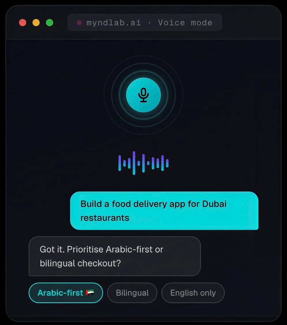 Myndlab voice mode: a live microphone and waveform, the spoken request as a chat bubble, and a follow-up question with tappable answers.